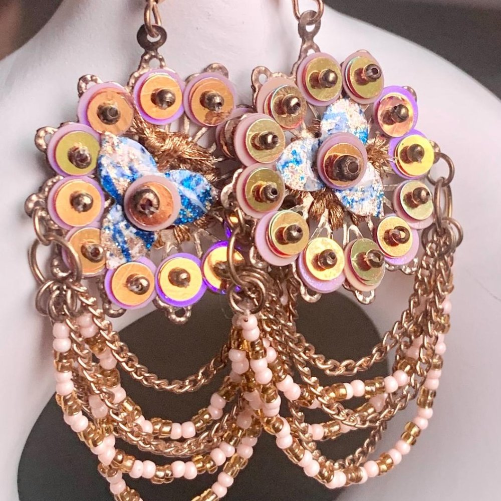 Artisanal Fancy Sequins Beaded Flower Multiple Dangle Gold Chain Loops Earrings